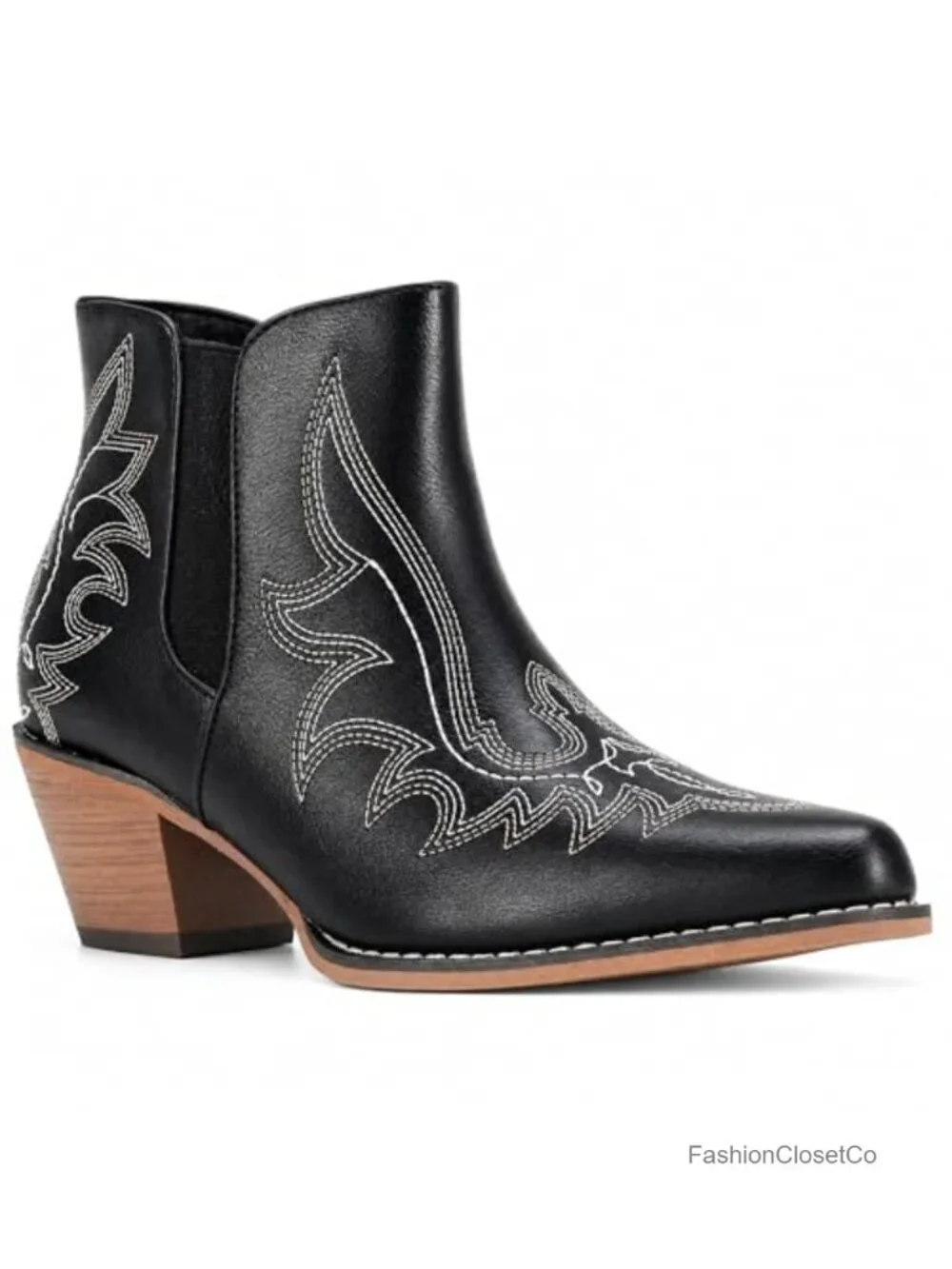 Faux Leather Ankle Cowboy Boots Women Chunky Embroidered Snip Toe Bootie